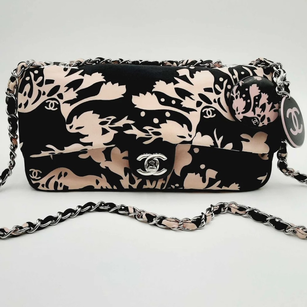 Chanel Black Pink Floral Canvas Medium Flap Shoulder Bag